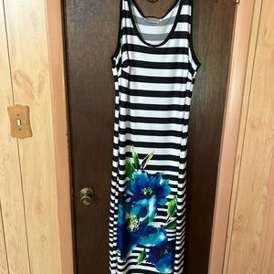 Avenue Black & White Striped Maxi Dress with Blue Floral Accent